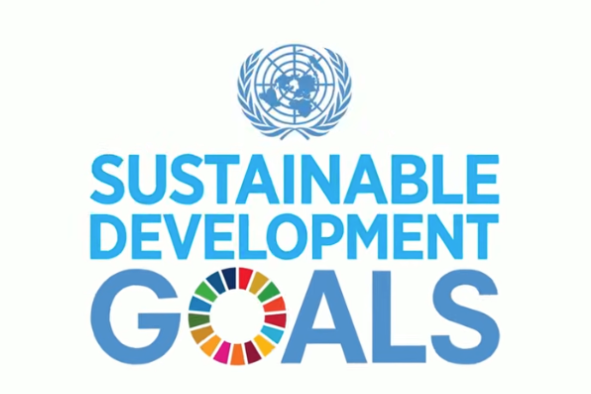 United Nations emblem above the text 'Sustainable Development Goals' in blue, with a multicoloured circular design representing the 17 goals.